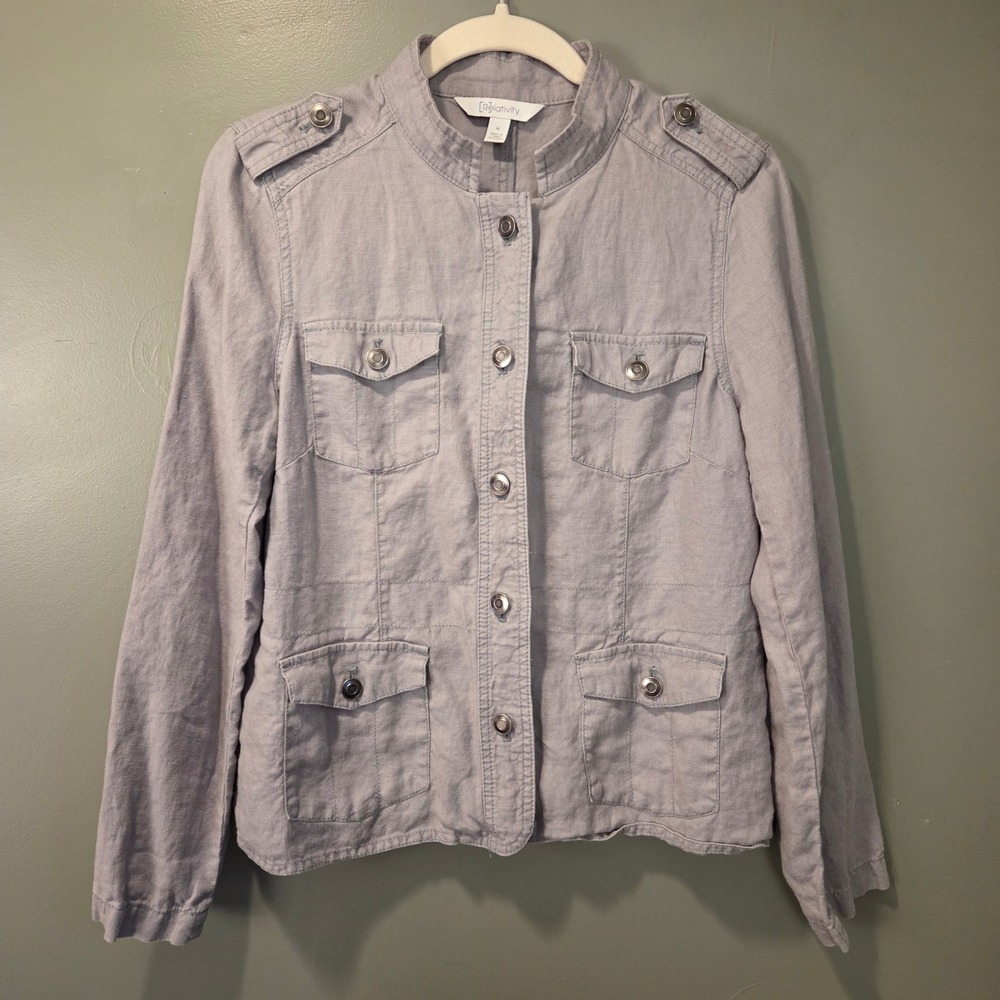 Relativity Women's‎ 100% Linen Utility Button Up Jacket Size M Gray Stand Collar